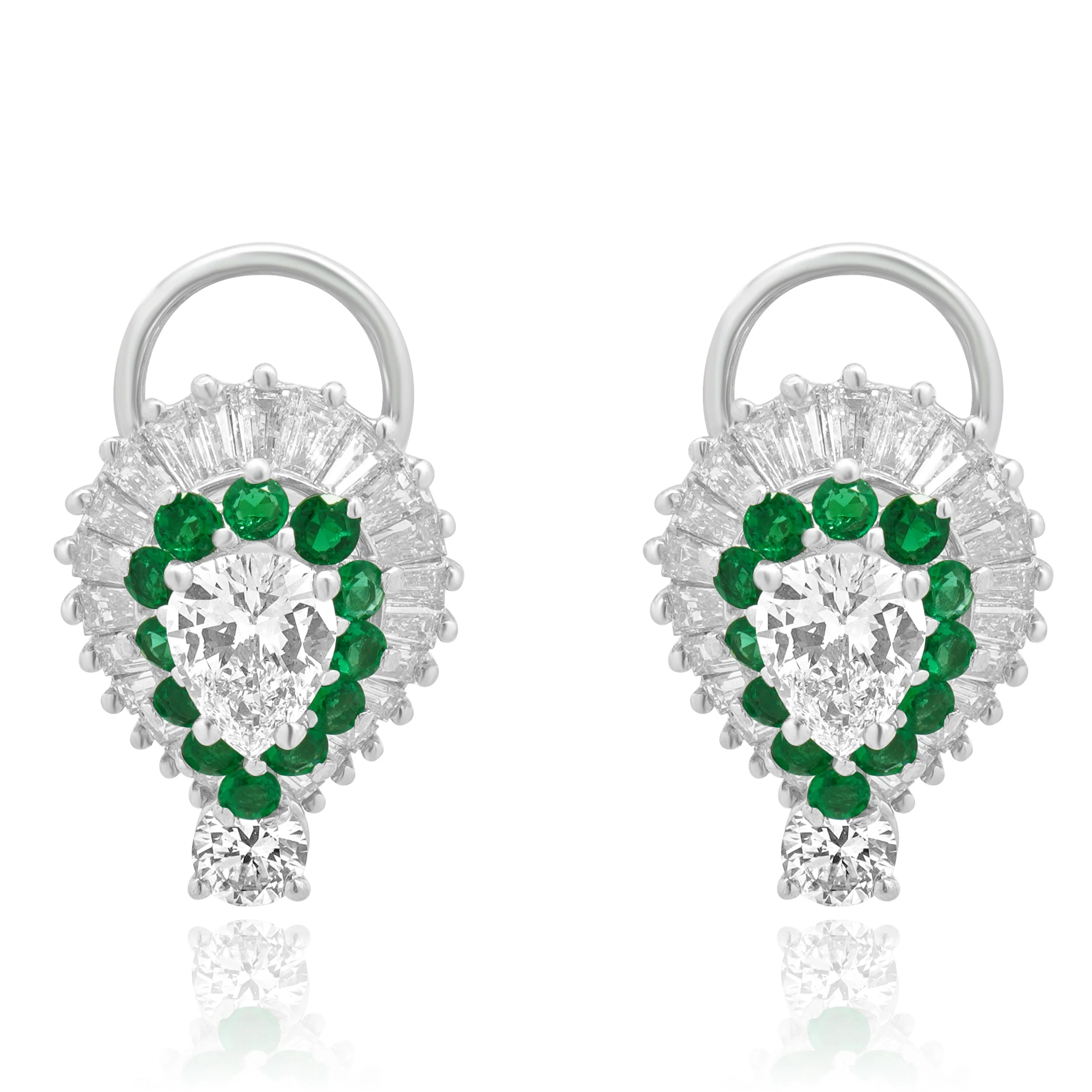 Platinum and 14K White Gold Mixed Cut Diamond and Round Emerald Double Halo Earrings