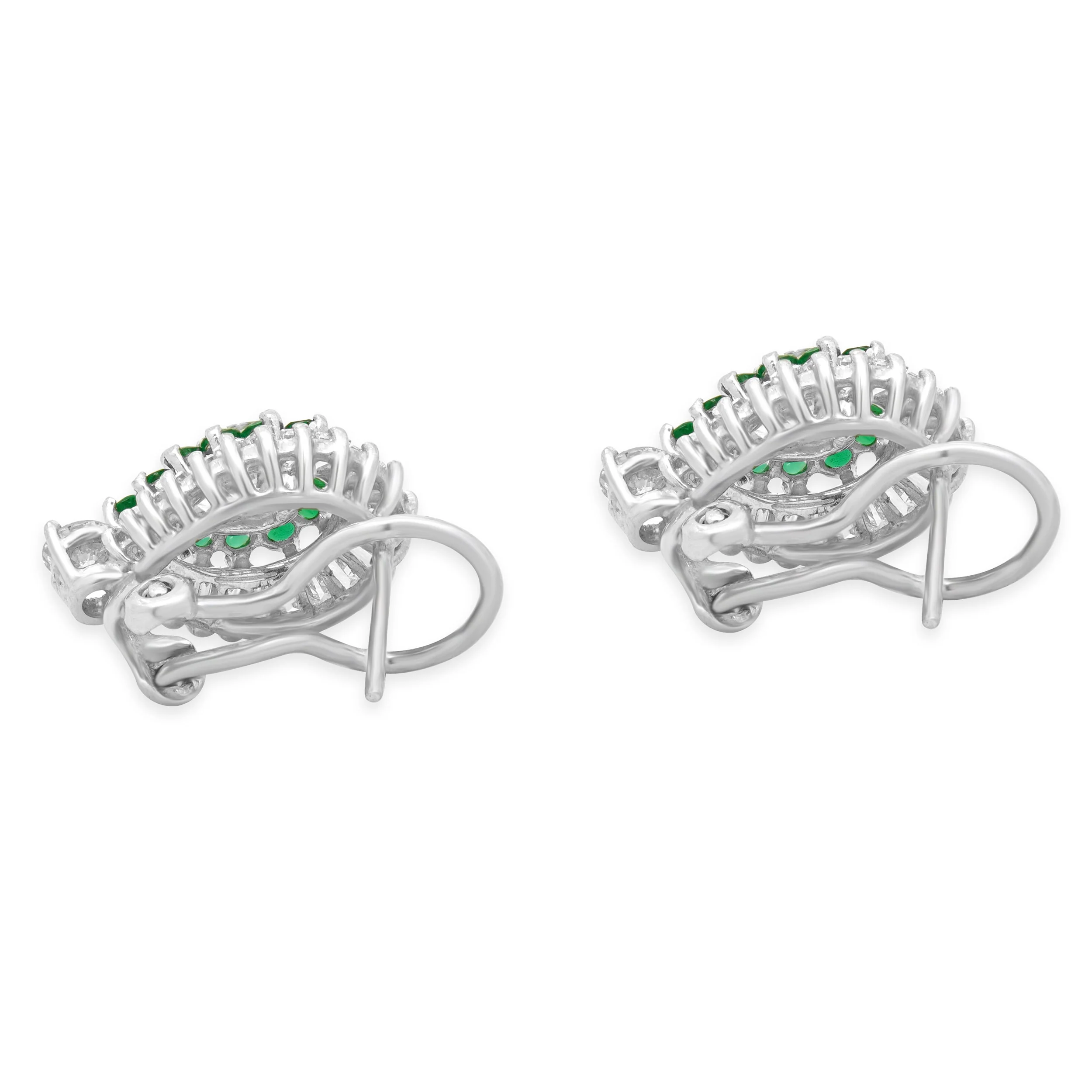 Platinum and 14K White Gold Mixed Cut Diamond and Round Emerald Double Halo Earrings - Image 3