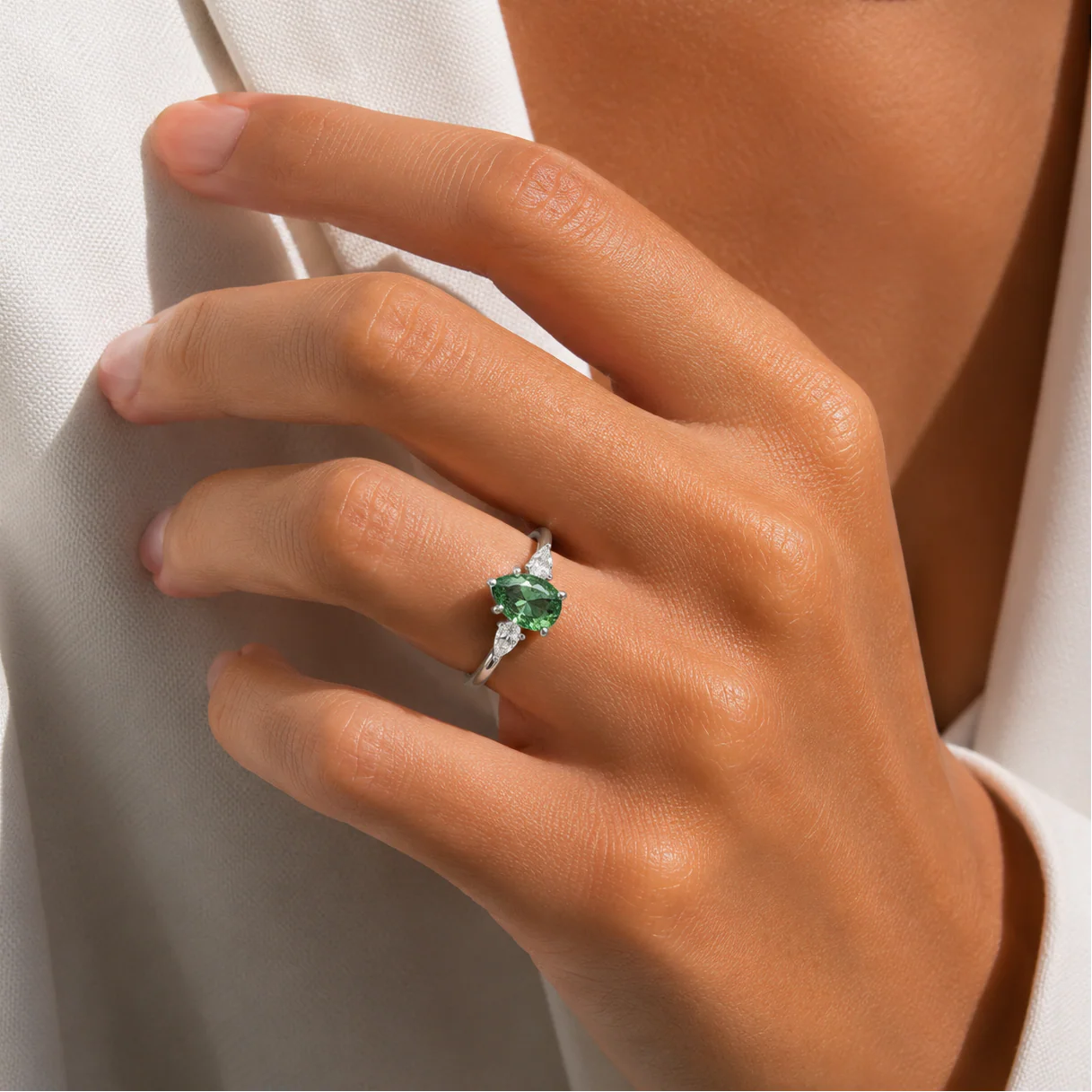 Platinum Demantoid and Diamond Three Stone Ring - Image 5