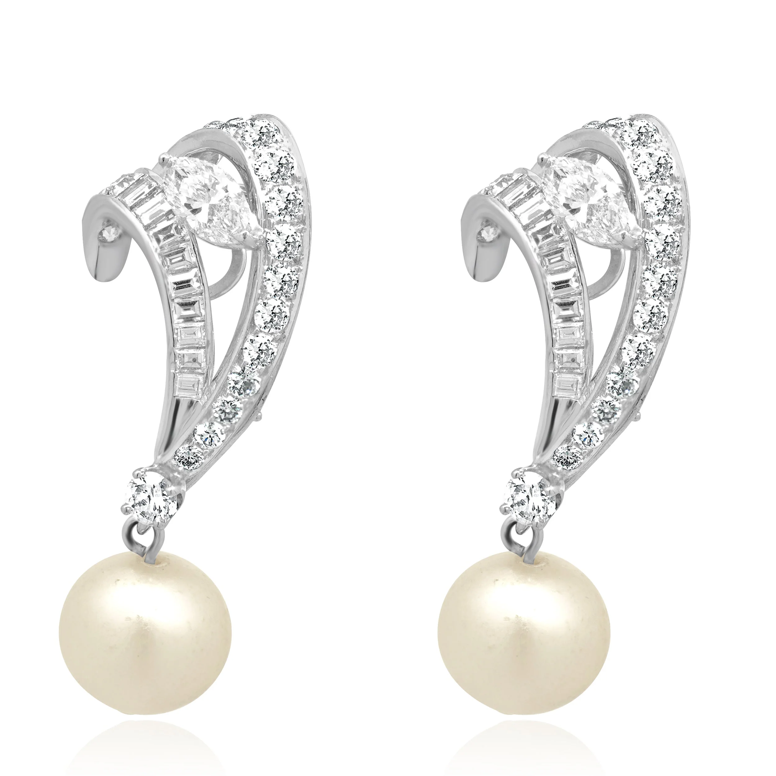 Platinum Diamond and Synthetic Pearl Ribbon Drop Earrings
