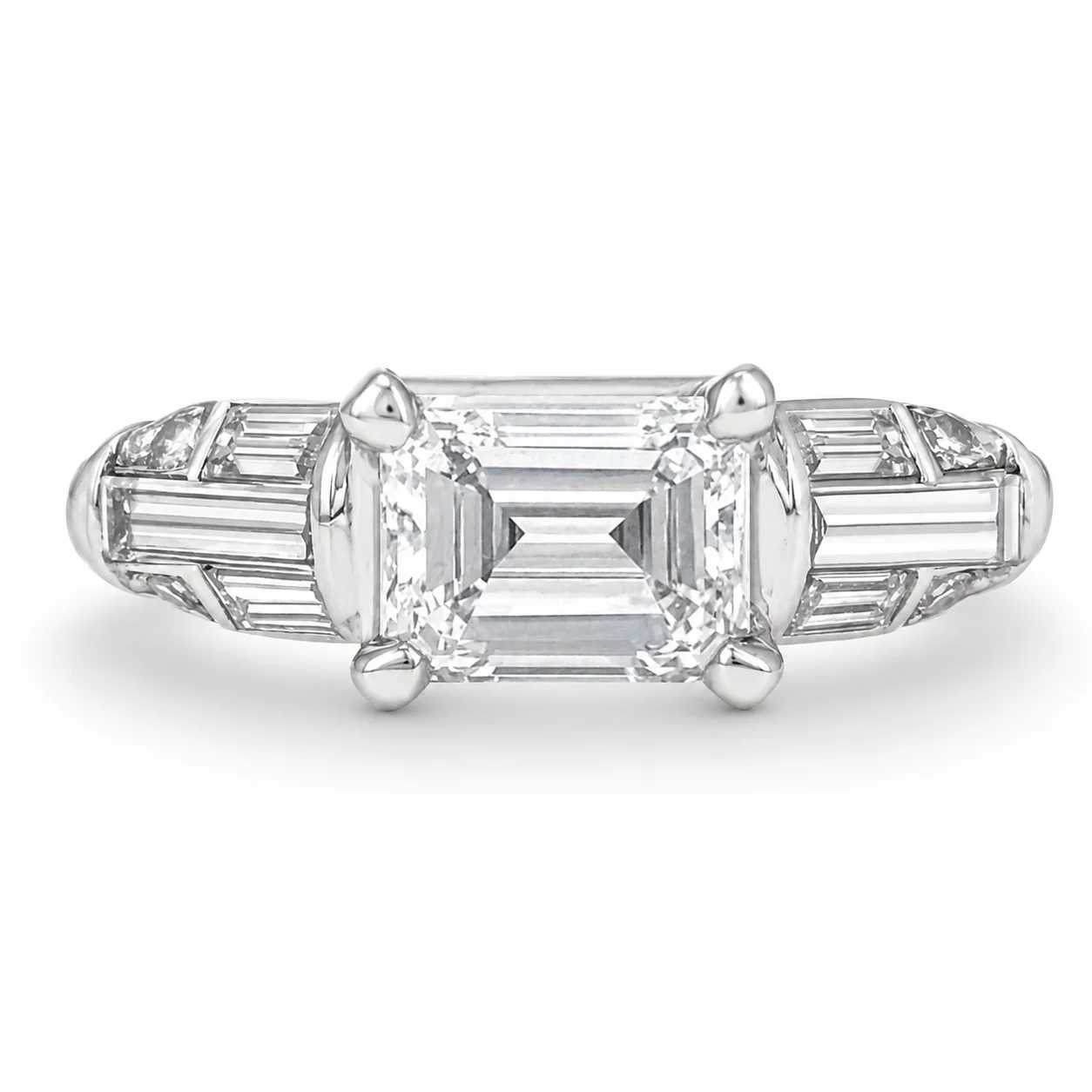 Platinum East-West Emerald Cut Diamond Engagement Ring - Image 2