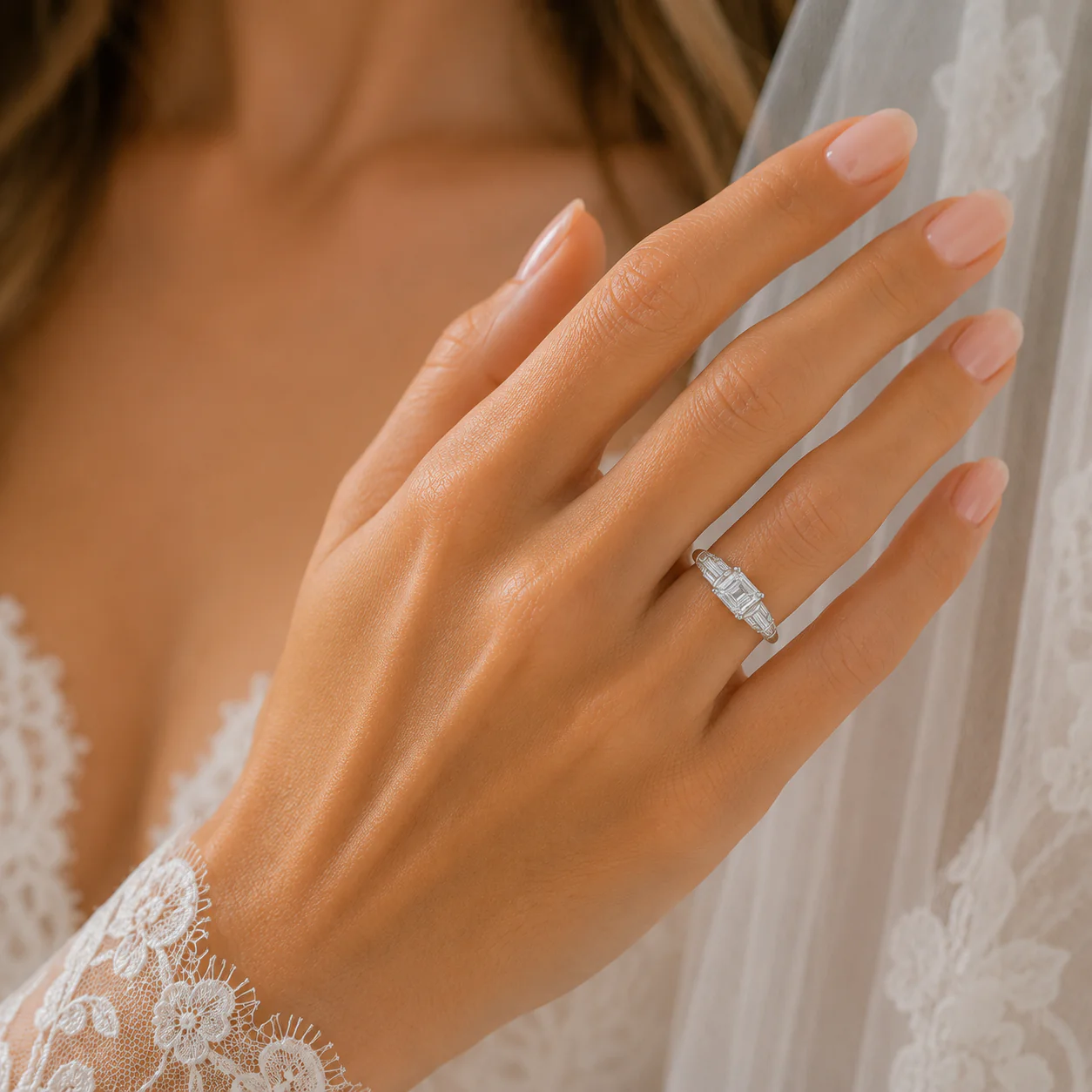 Platinum East-West Emerald Cut Diamond Engagement Ring - Image 5