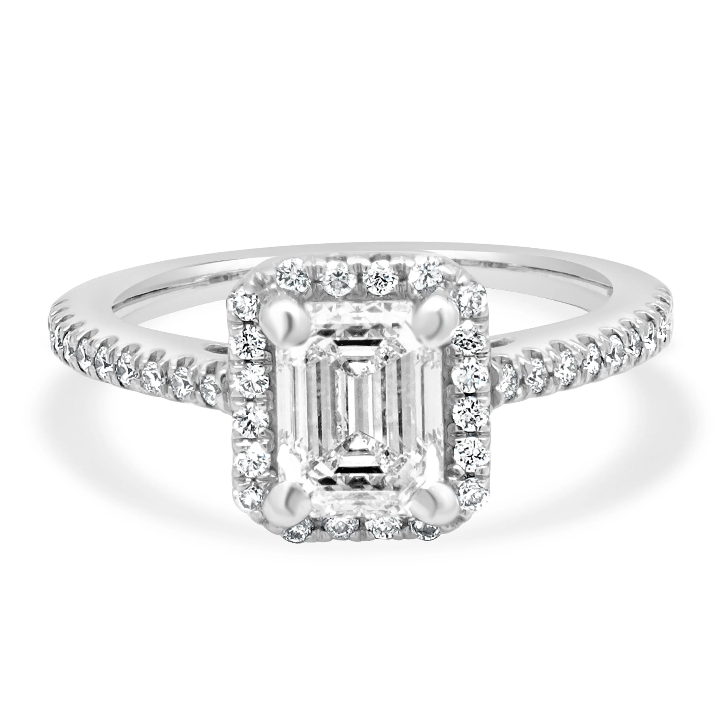 Platinum GIA Certified Emerald Cut and Round Diamond Halo Engagement Ring