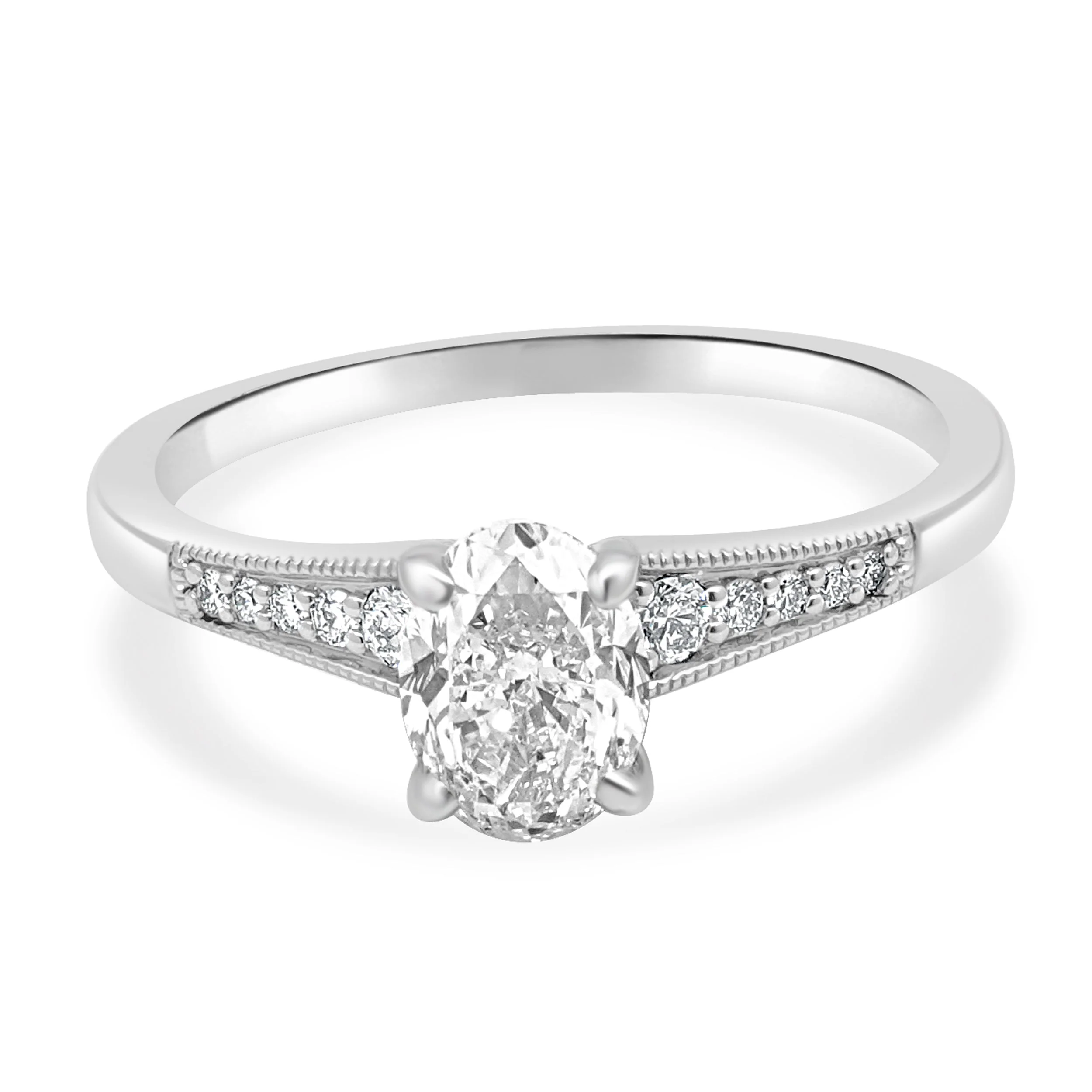 Platinum GIA Certified Oval Cut and Round Diamond Milgrain Engagement Ring