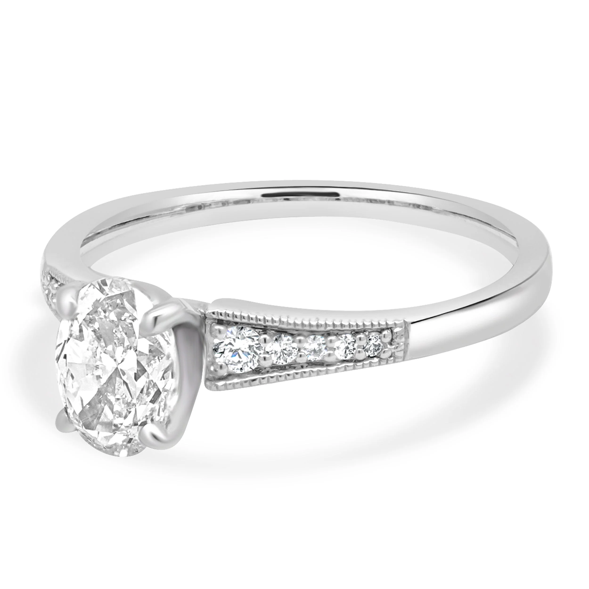 Platinum GIA Certified Oval Cut and Round Diamond Milgrain Engagement Ring - Image 2