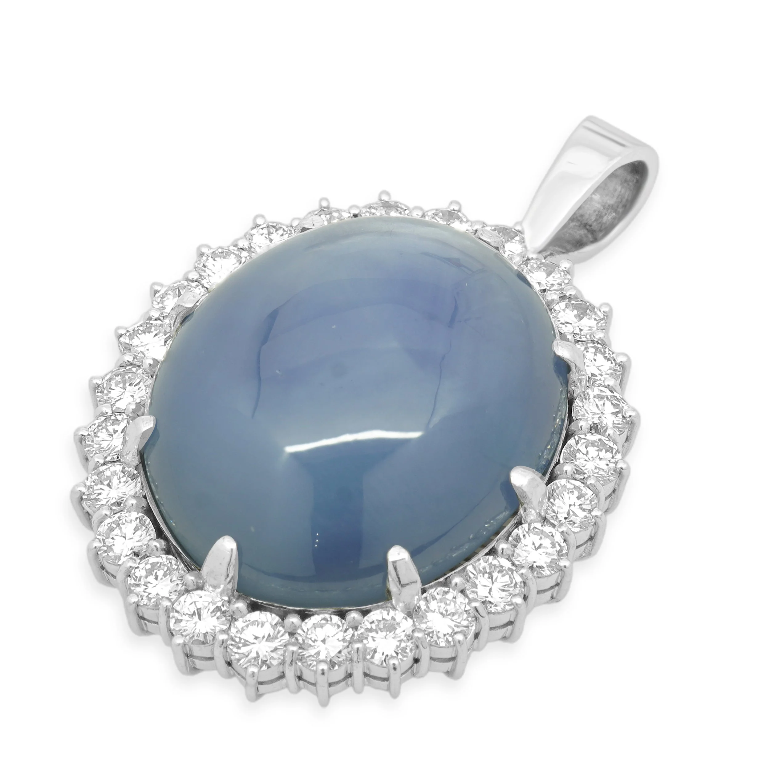 Platinum Oval Cabochon Cut Blue Star Sapphire and Round Diamond Halo Pendant - Image 2