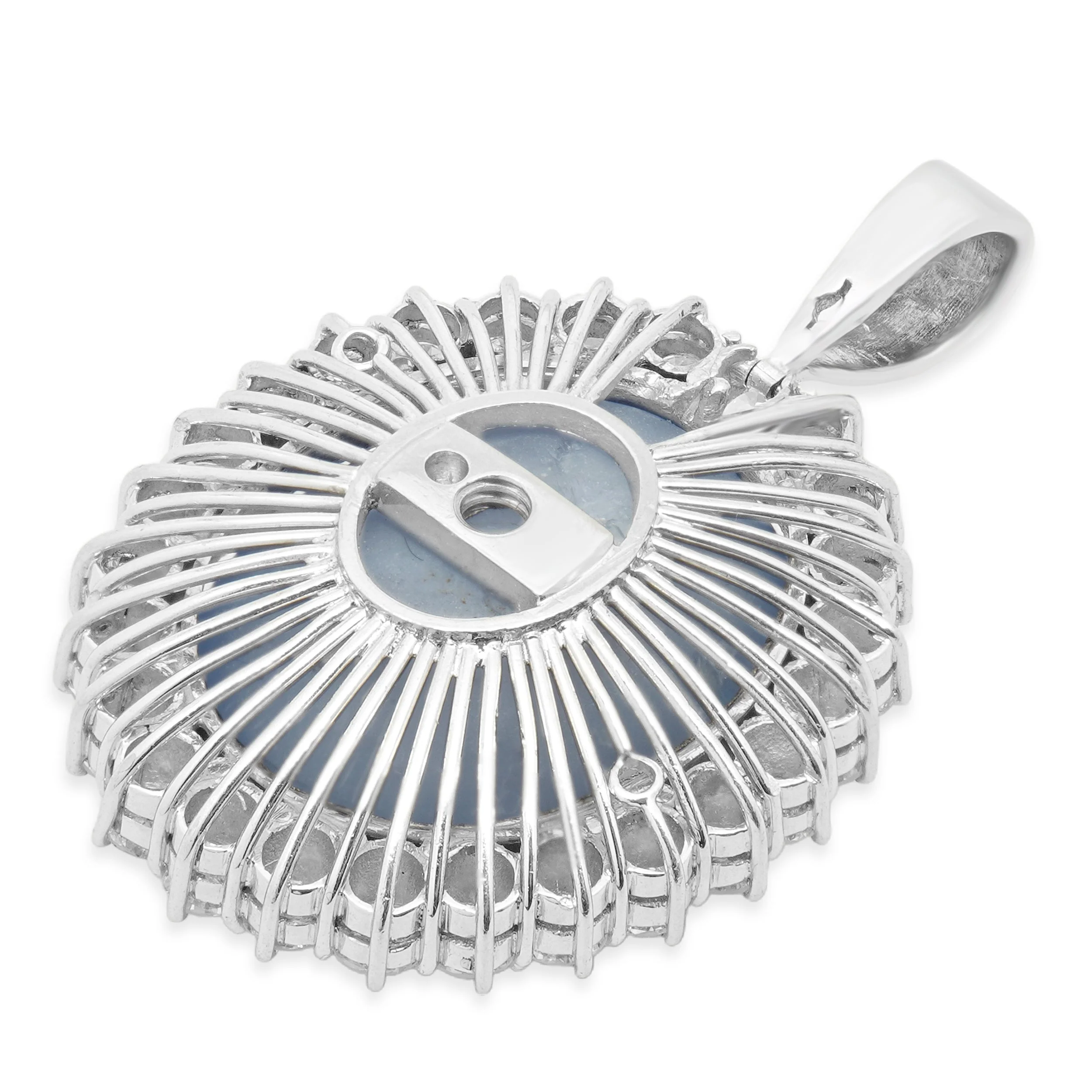 Platinum Oval Cabochon Cut Blue Star Sapphire and Round Diamond Halo Pendant - Image 4