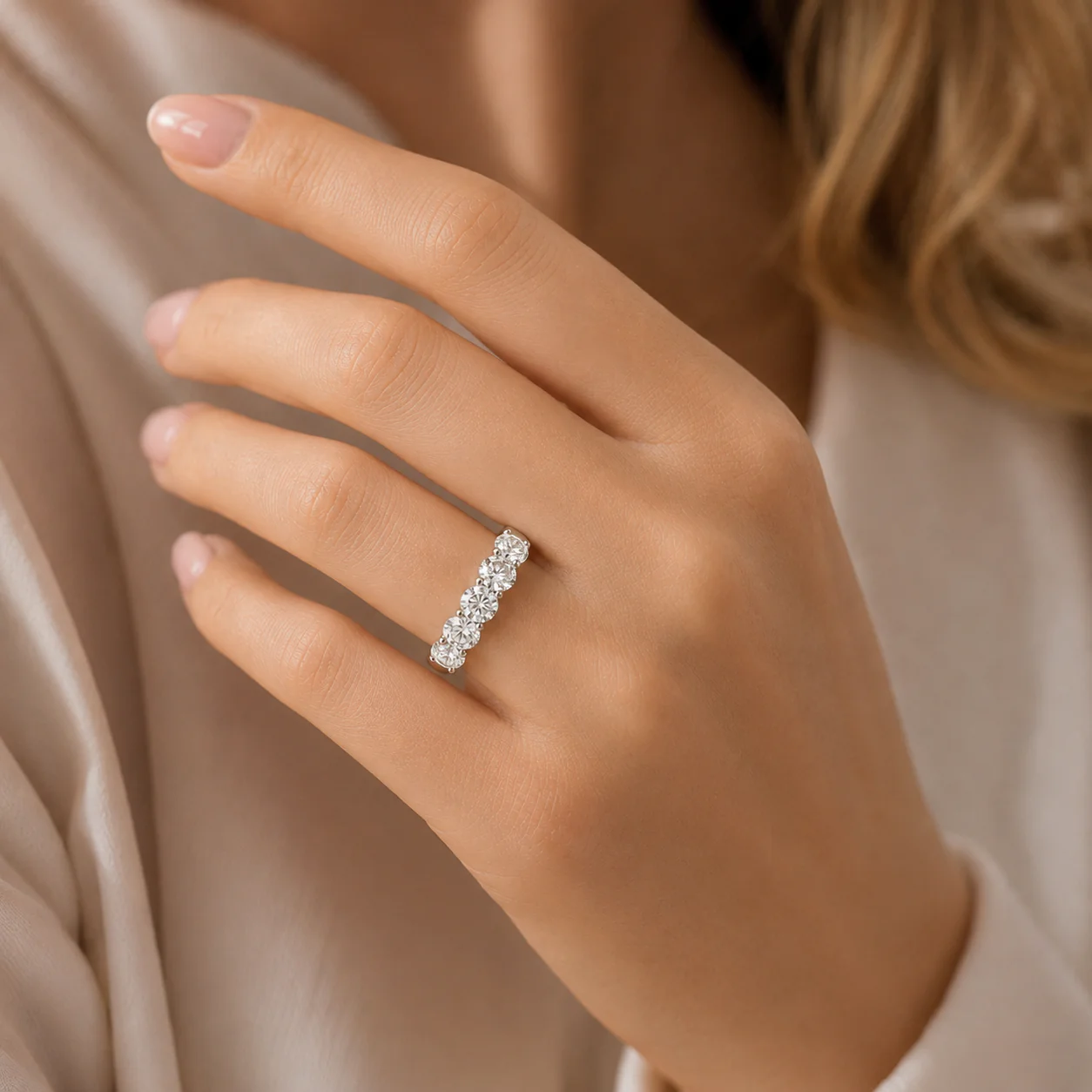 Platinum Round Brilliant Cut Five Diamond Band - Image 5