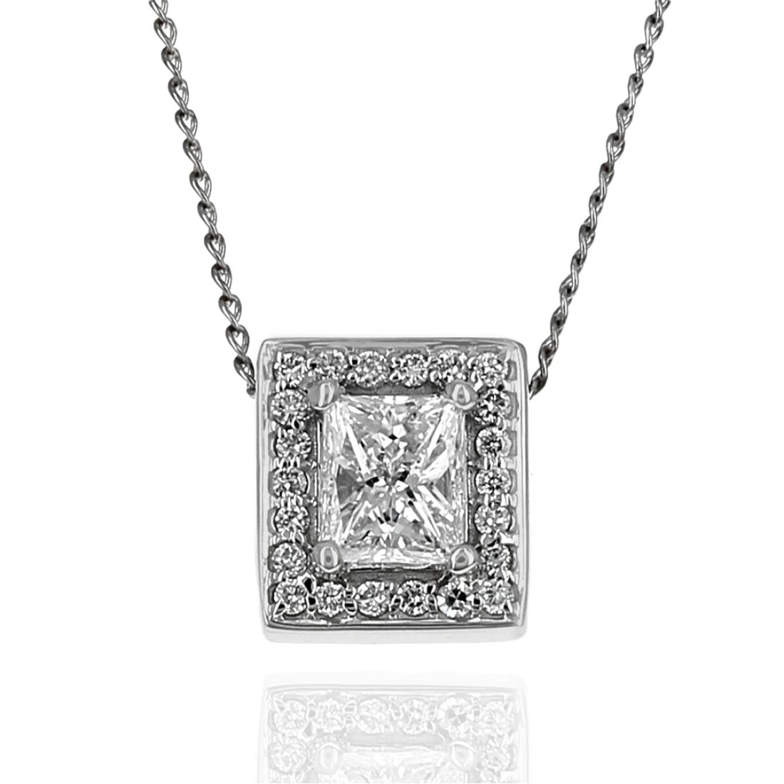 14K White Gold Princess Cut Diamond Halo Drop Necklace