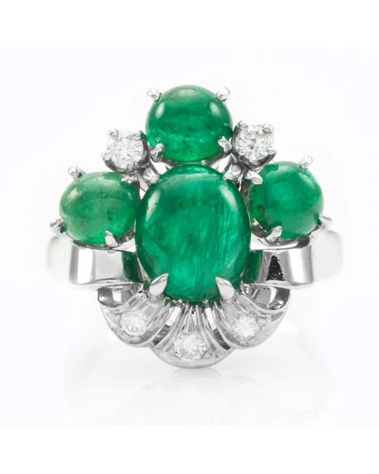 Retro 3.90ctw Emerald Cabochon & 0.18ctw Diamond Ring in Platinum - Image 2