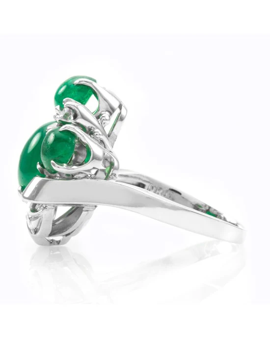 Retro 3.90ctw Emerald Cabochon & 0.18ctw Diamond Ring in Platinum - Image 4