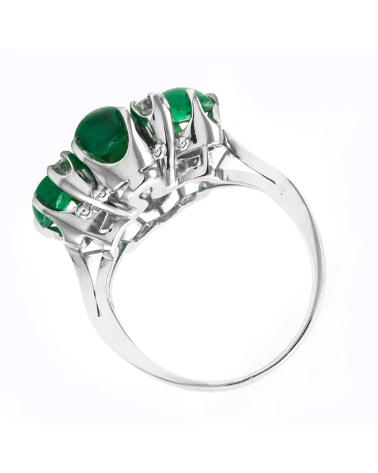 Retro 3.90ctw Emerald Cabochon & 0.18ctw Diamond Ring in Platinum - Image 5