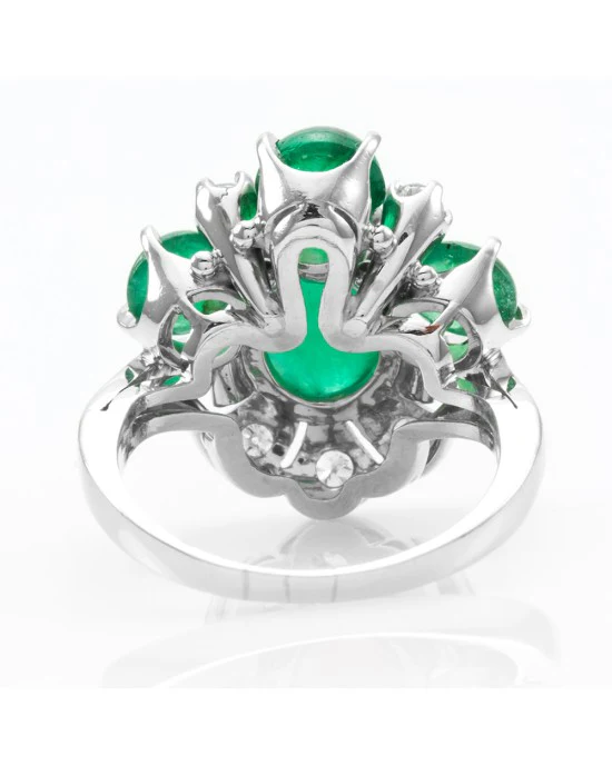 Retro 3.90ctw Emerald Cabochon & 0.18ctw Diamond Ring in Platinum - Image 6