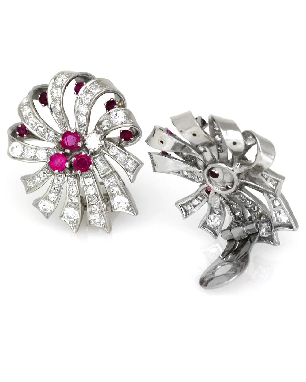 Retro Ruby & Pave Diamond Bow/ Ribbon Clip On Earrings in Platinum - Image 2