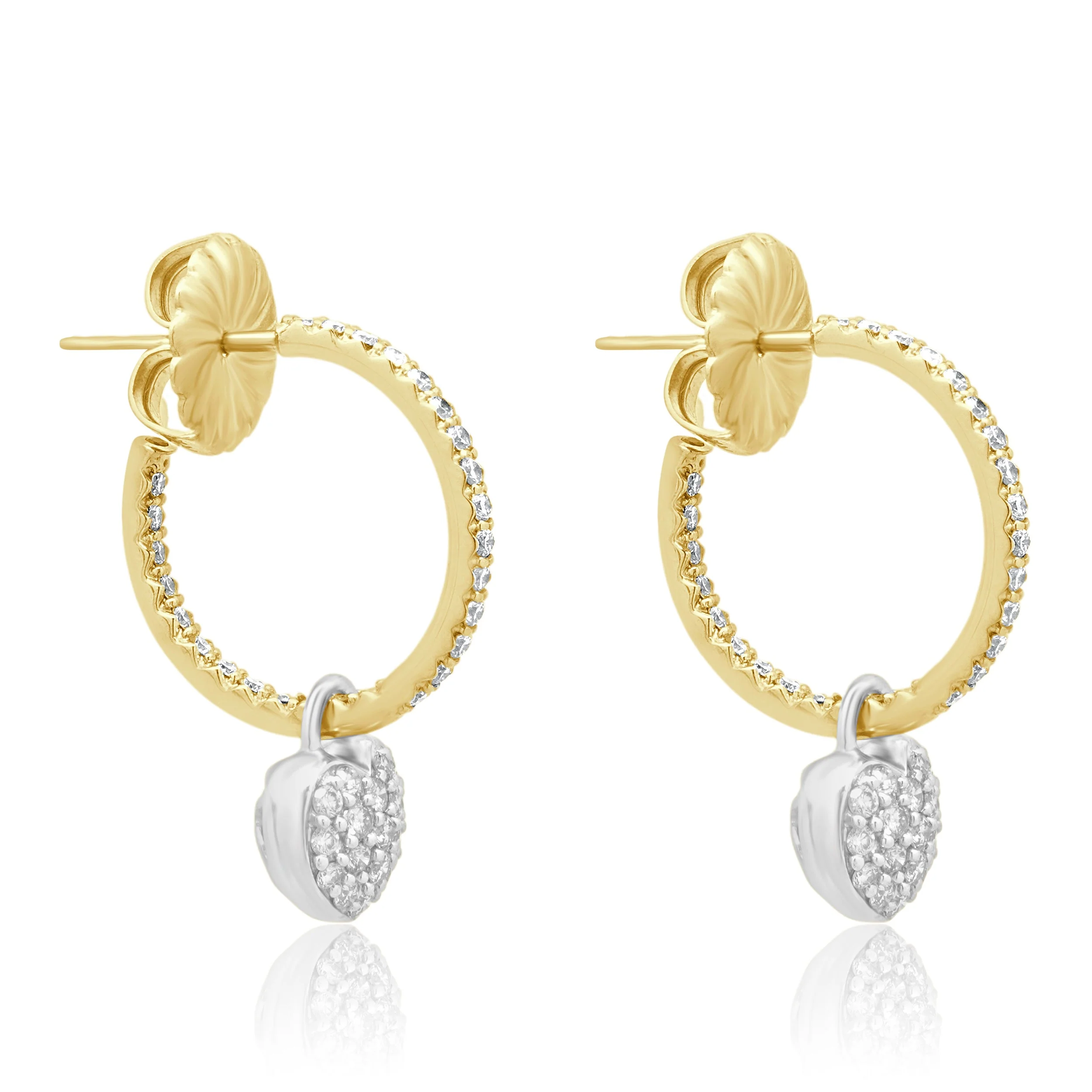 Roberto Coin 18K Two-Tone Yellow and White Gold Inside Out Round Diamond Hoop Earrings with Pave Diamond Heart Charms - Image 3