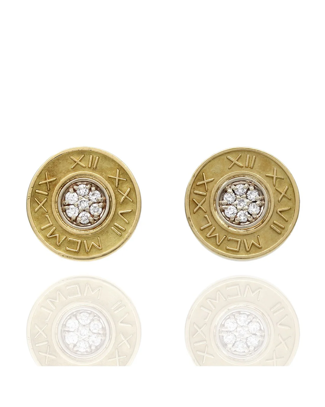 Roman Numeral Diamond Disk Stud Earrings