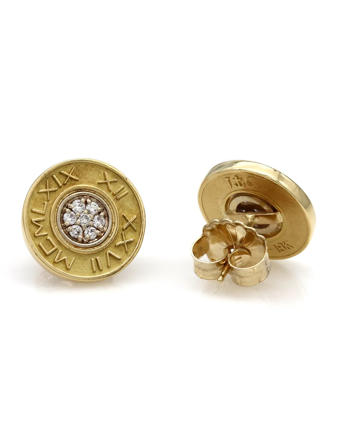 Roman Numeral Diamond Disk Stud Earrings - Image 2