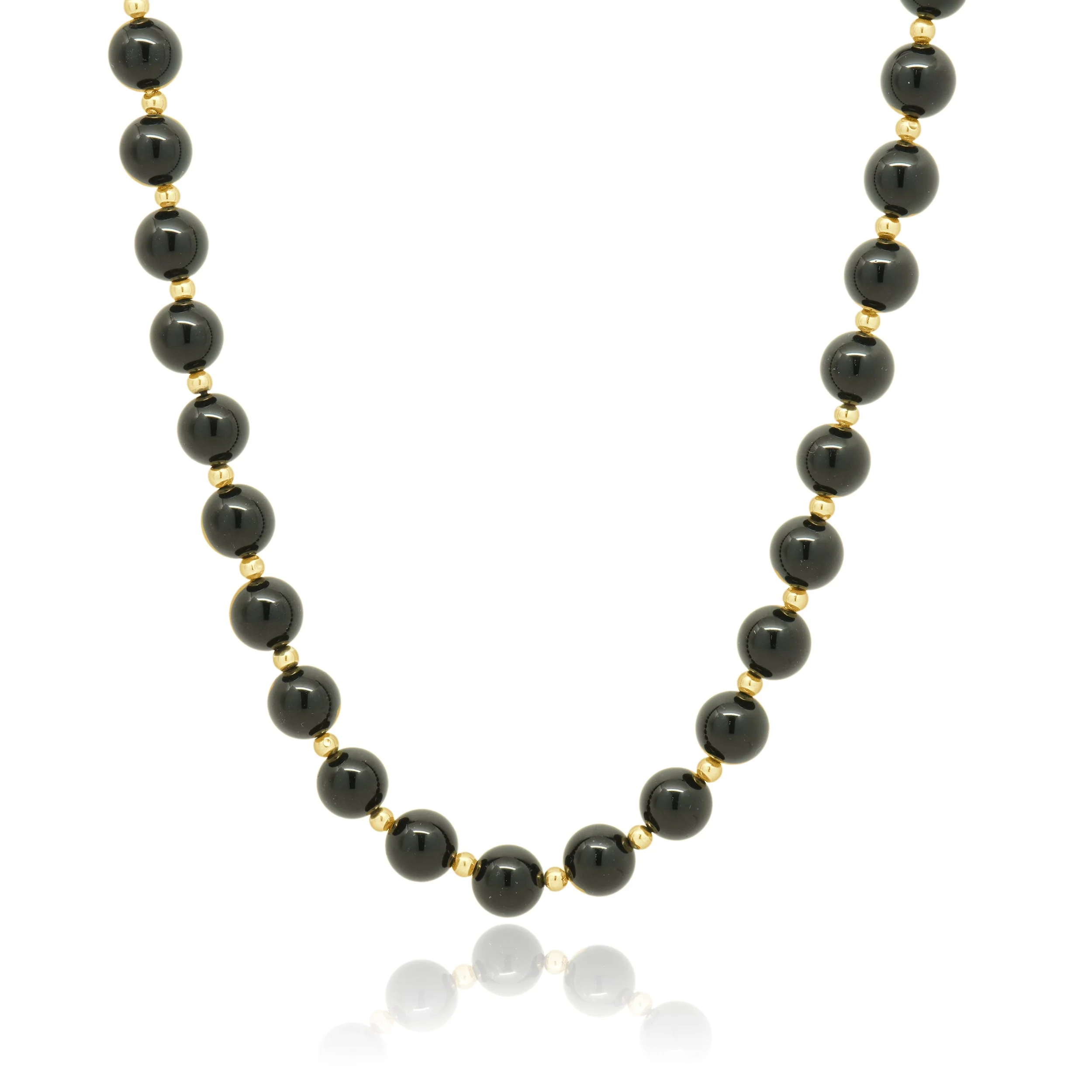 Round Black Onyx Bead Necklace with 14K Yellow Gold Round Bead Stations 30.0"