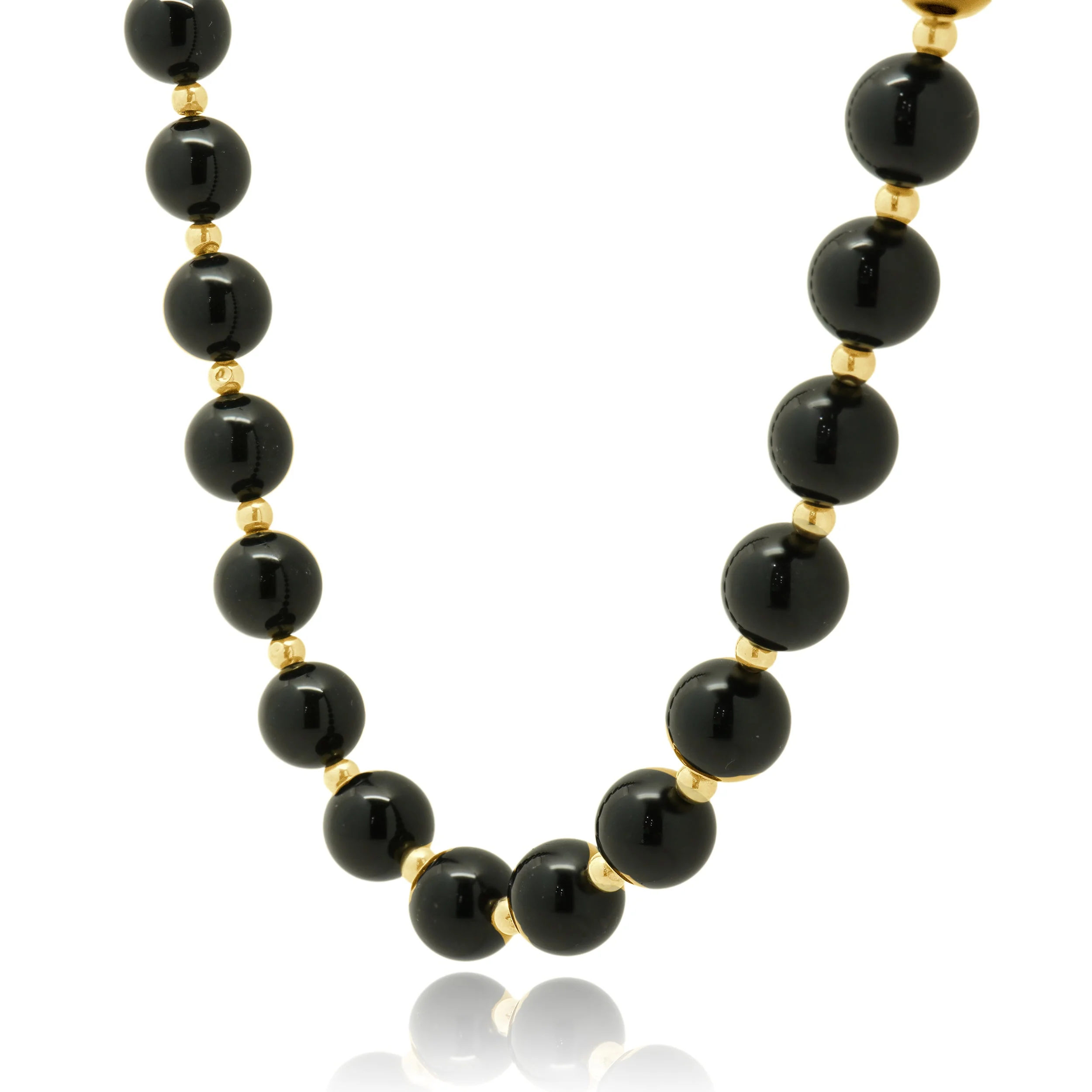 Round Black Onyx Bead Necklace with 14K Yellow Gold Round Bead Stations 30.0" - Image 4