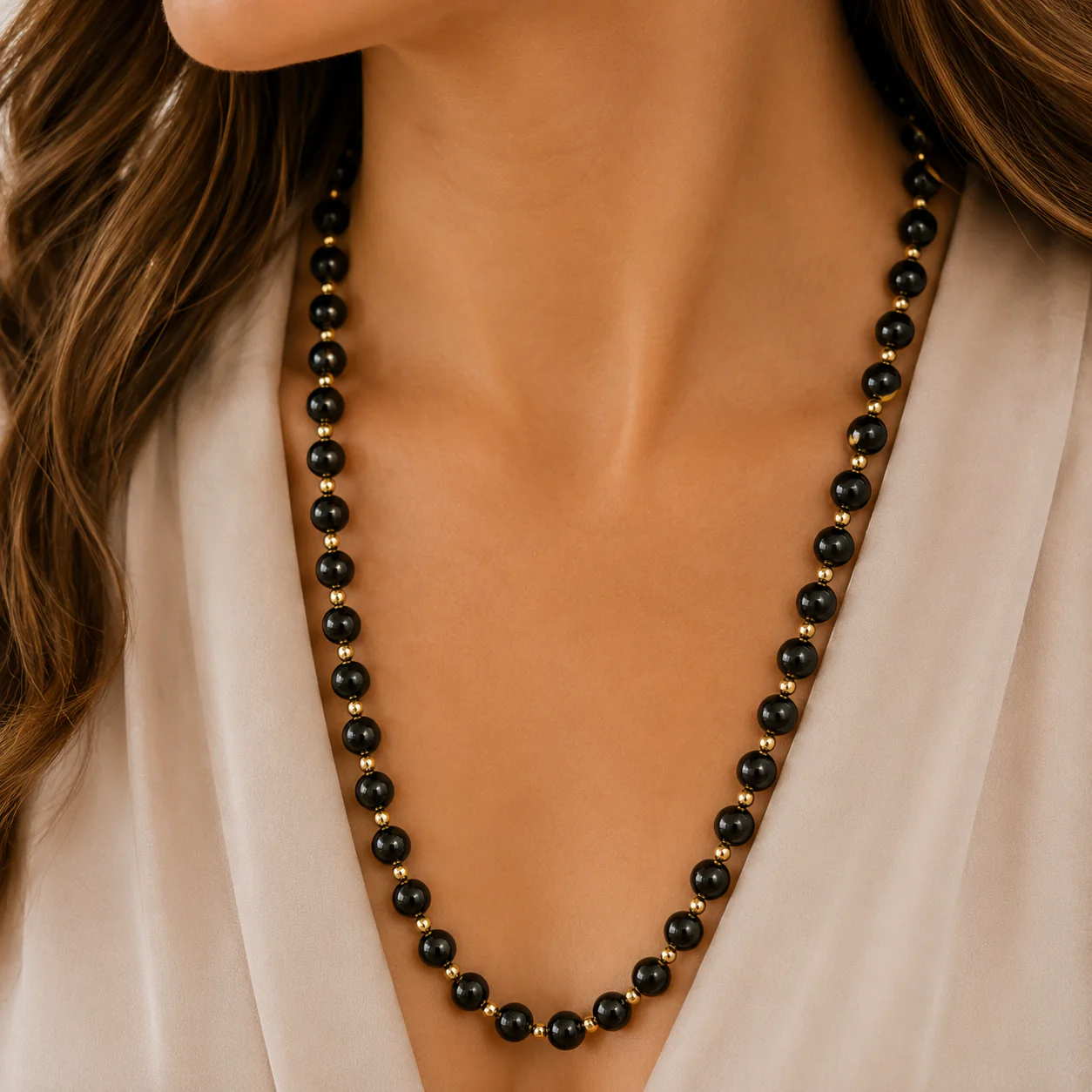 Round Black Onyx Bead Necklace with 14K Yellow Gold Round Bead Stations 30.0" - Image 5