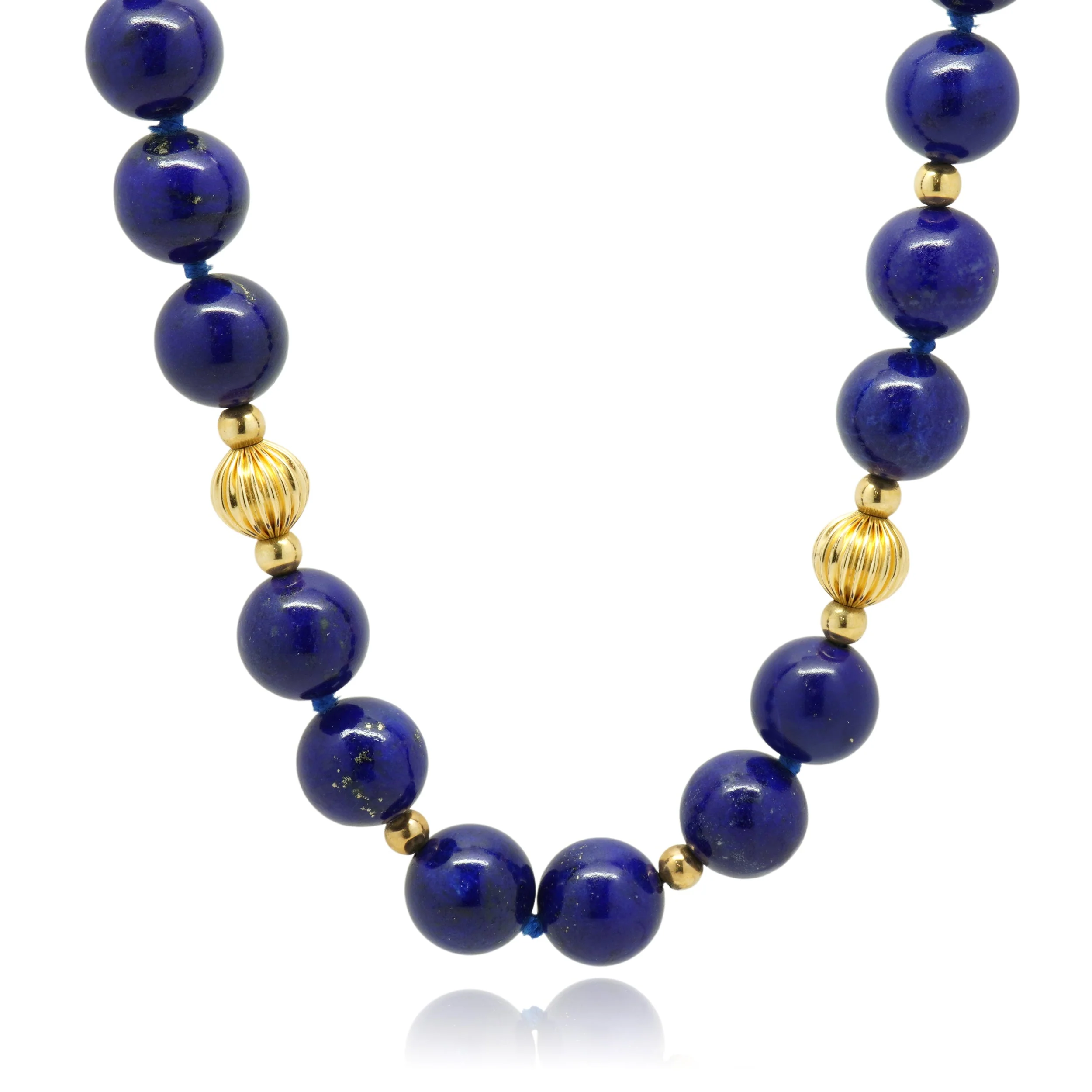 Round Lapis Bead Strand Necklace with 14K Yellow Gold Fluted Ball Stations 30.0"