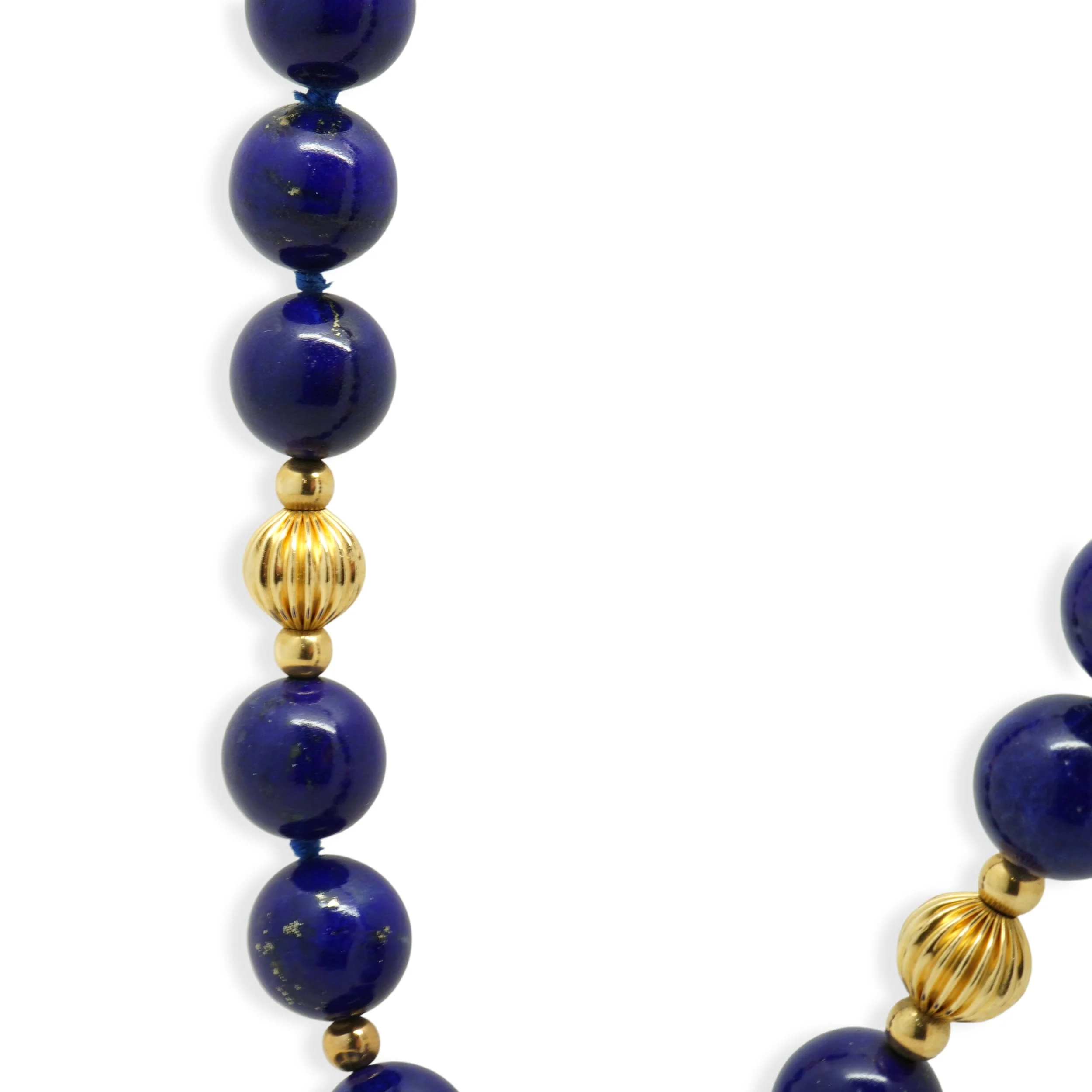 Round Lapis Bead Strand Necklace with 14K Yellow Gold Fluted Ball Stations 30.0" - Image 2