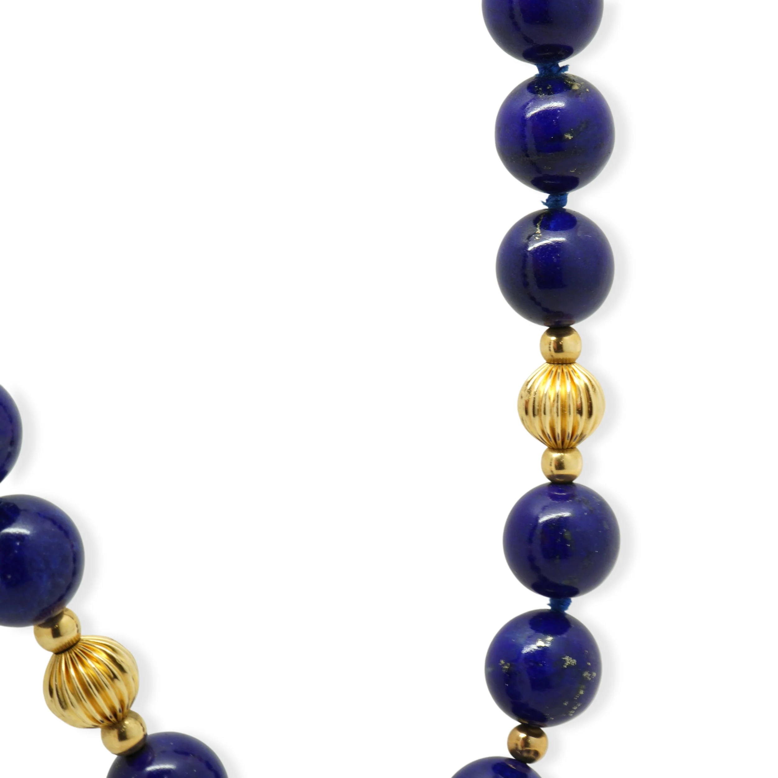 Round Lapis Bead Strand Necklace with 14K Yellow Gold Fluted Ball Stations 30.0" - Image 3