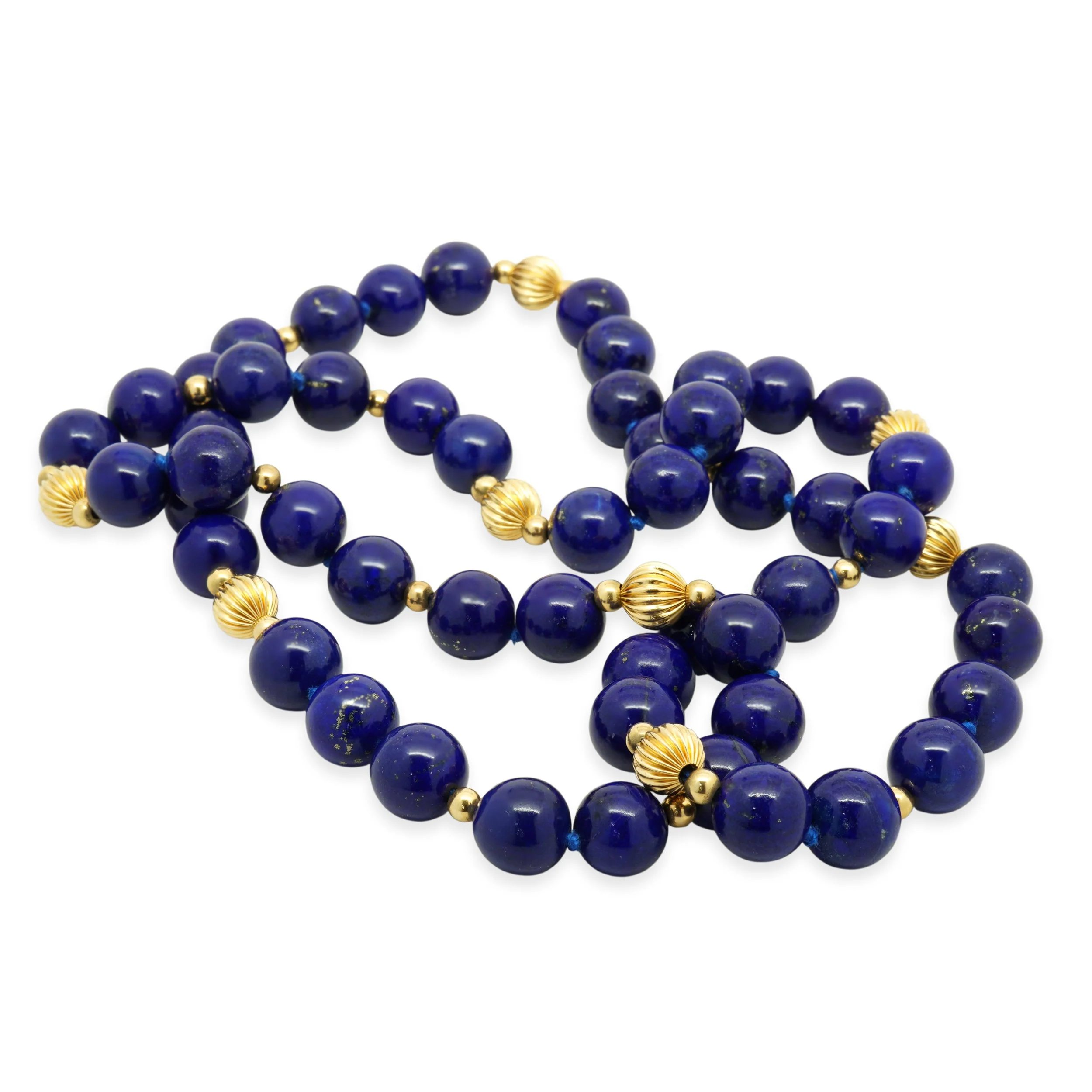 Round Lapis Bead Strand Necklace with 14K Yellow Gold Fluted Ball Stations 30.0" - Image 4
