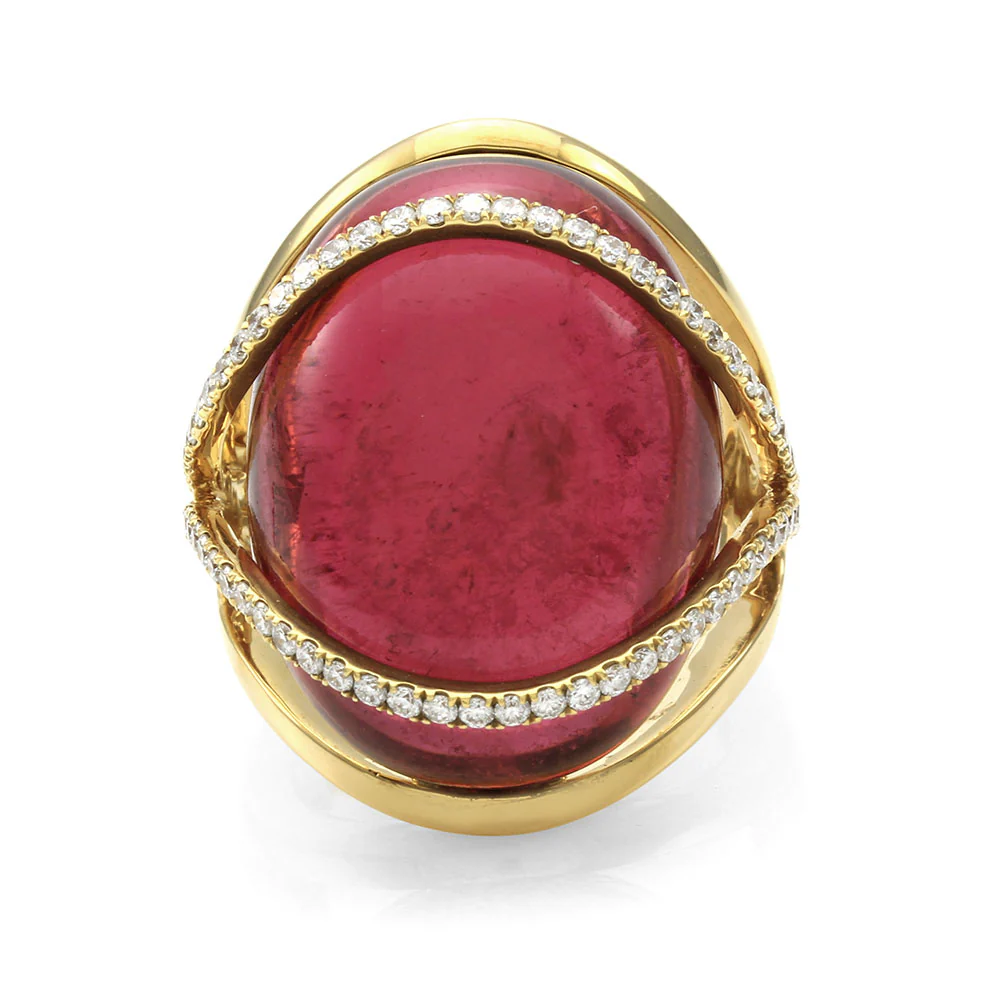 Rubellite Pink Tourmaline and Pave Diamond Ring in Gold - Image 2