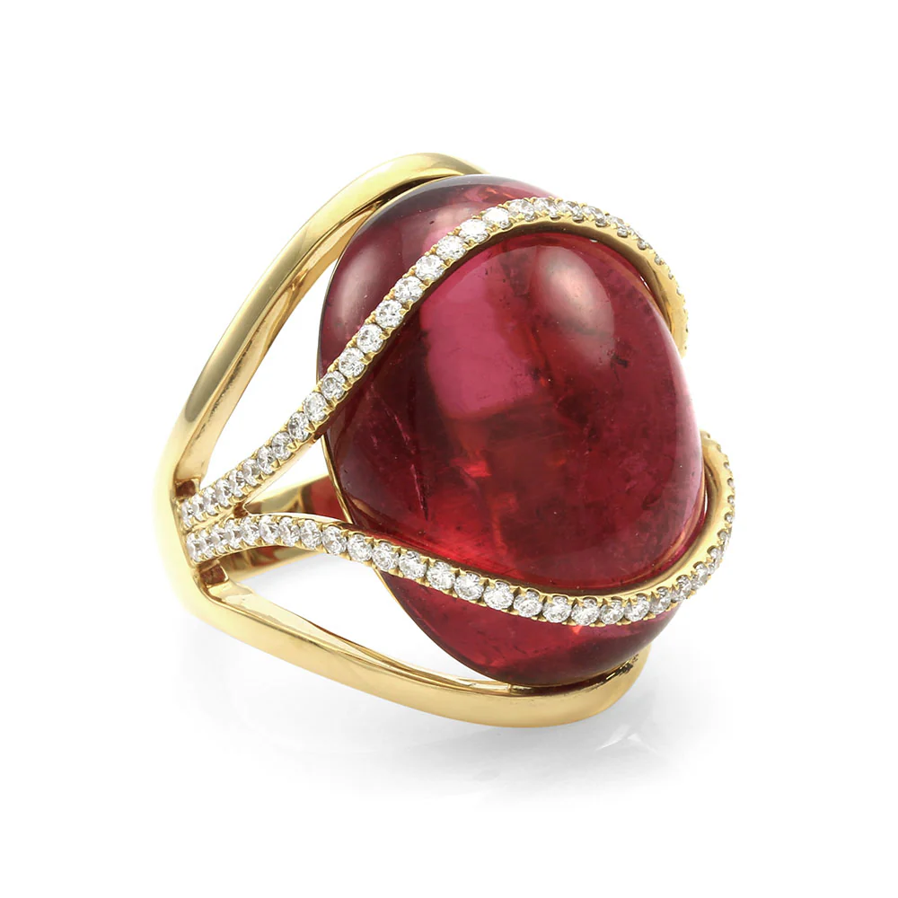 Rubellite Pink Tourmaline and Pave Diamond Ring in Gold - Image 3