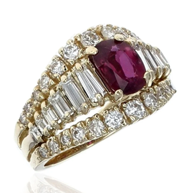 18K Yellow Gold Ruby and Diamond Three Row Ring