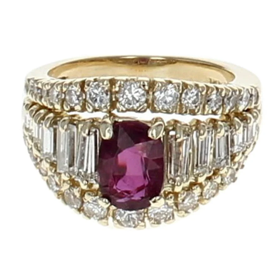 18K Yellow Gold Ruby and Diamond Three Row Ring - Image 2