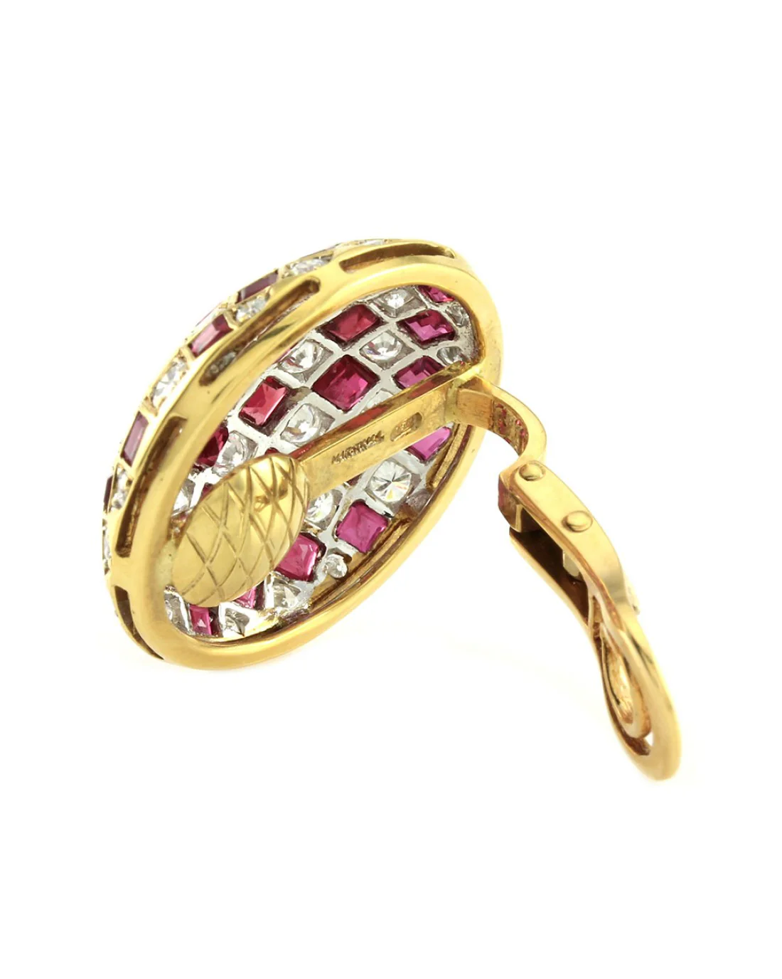 Ruby and Diamond Checkerboard Dome Clip On Earrings - Image 2