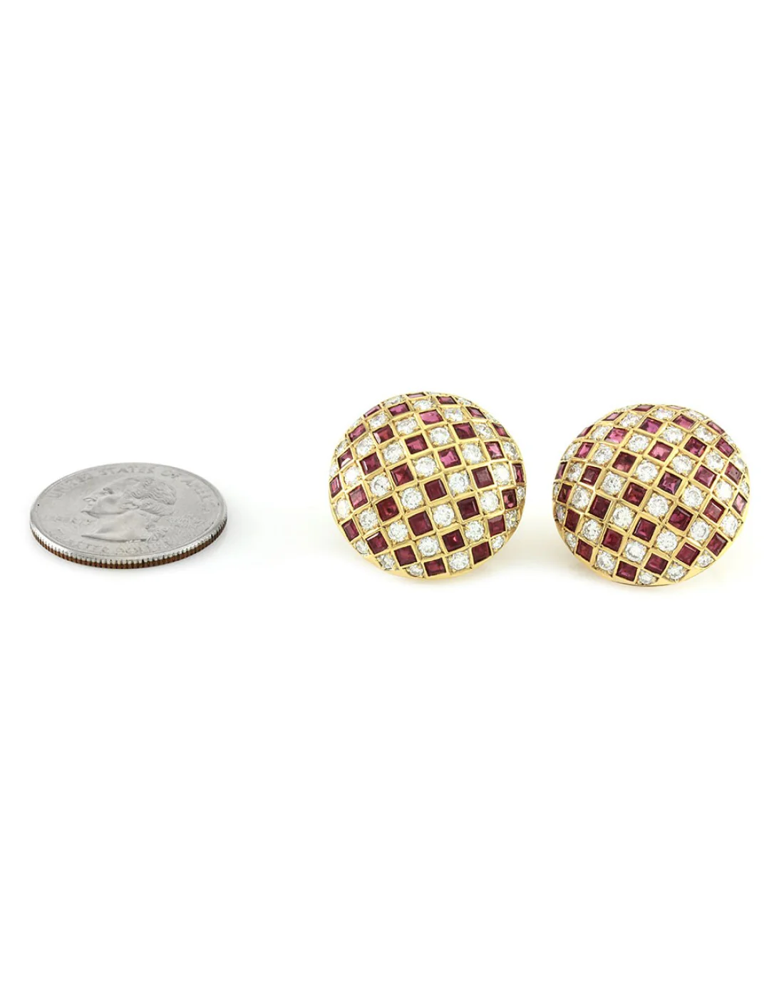 Ruby and Diamond Checkerboard Dome Clip On Earrings - Image 3