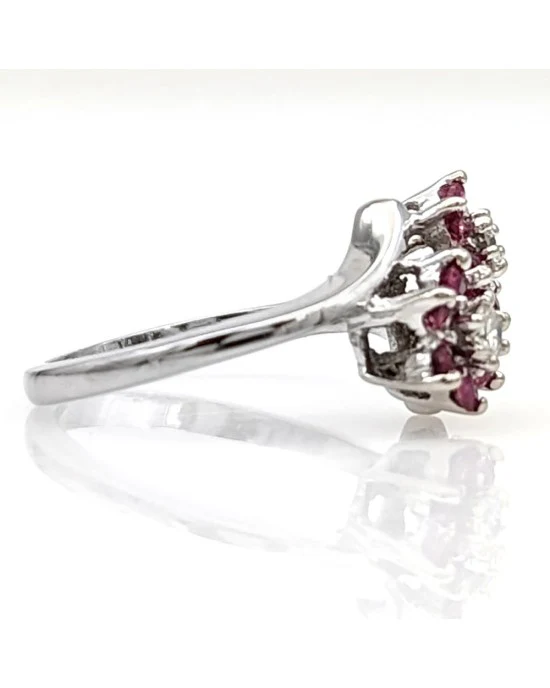 Ruby and Diamond Flower Bypass Ring in White Gold - Image 2