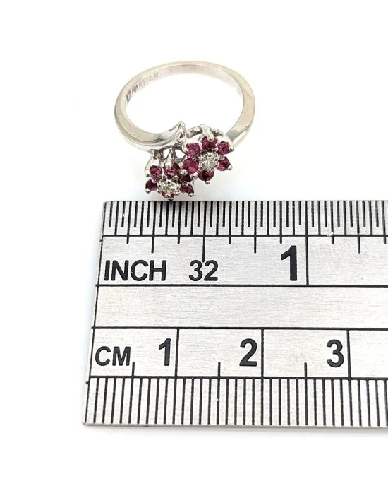Ruby and Diamond Flower Bypass Ring in White Gold - Image 3