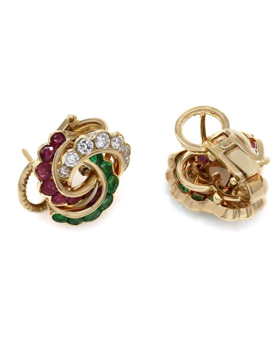 Ruby, Emerald and Diamond Earrings in Gold - Image 2