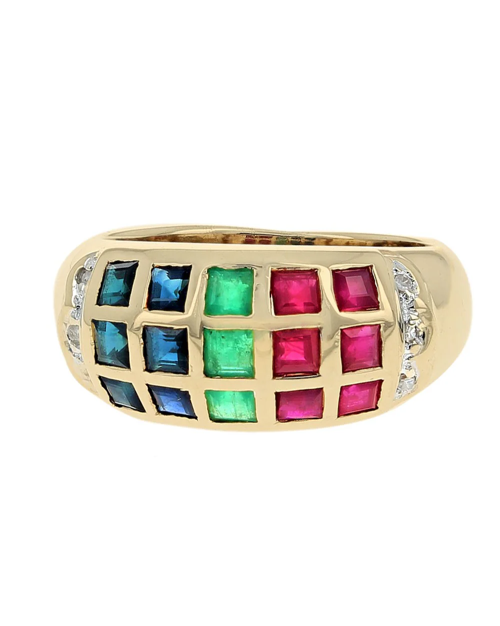Ruby, Emerald, Blue Sapphire, and Diamond Accent Ring in Yellow Gold - Image 2