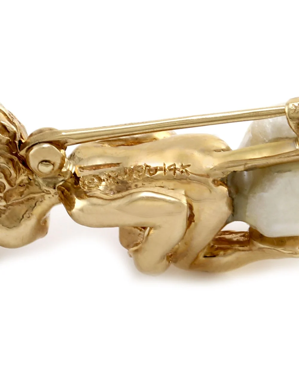 Ruser Freshwater Pearl and Sapphire Cherub with Book Pin in Yellow Gold - Image 2