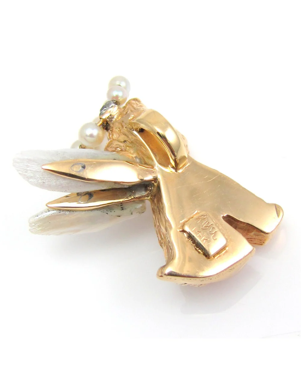 Ruser Freshwater Pearl and Sapphire Dog Cherub Pendant in Yellow Gold - Image 3