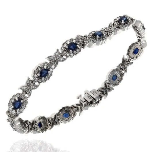 14K White Gold Sapphire and Diamond Floral Motif Inline Bracelet