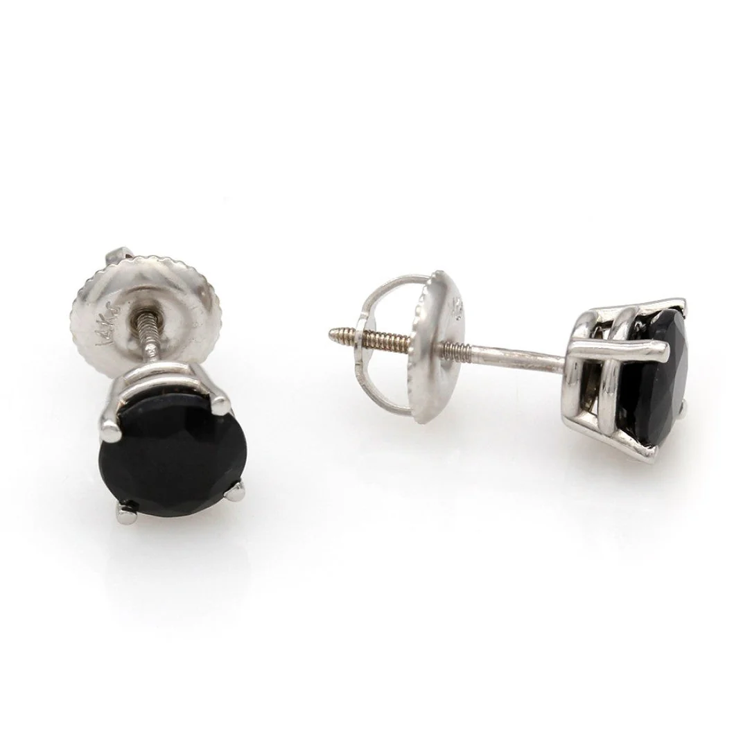 14K White Gold Black Sapphire Stud Earrings - Image 2