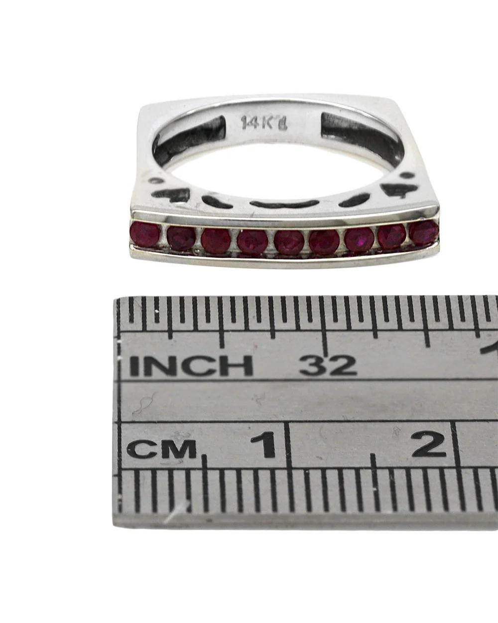Single Row Ruby Cutout Square Shank Stackable Ring in White Gold - Image 3