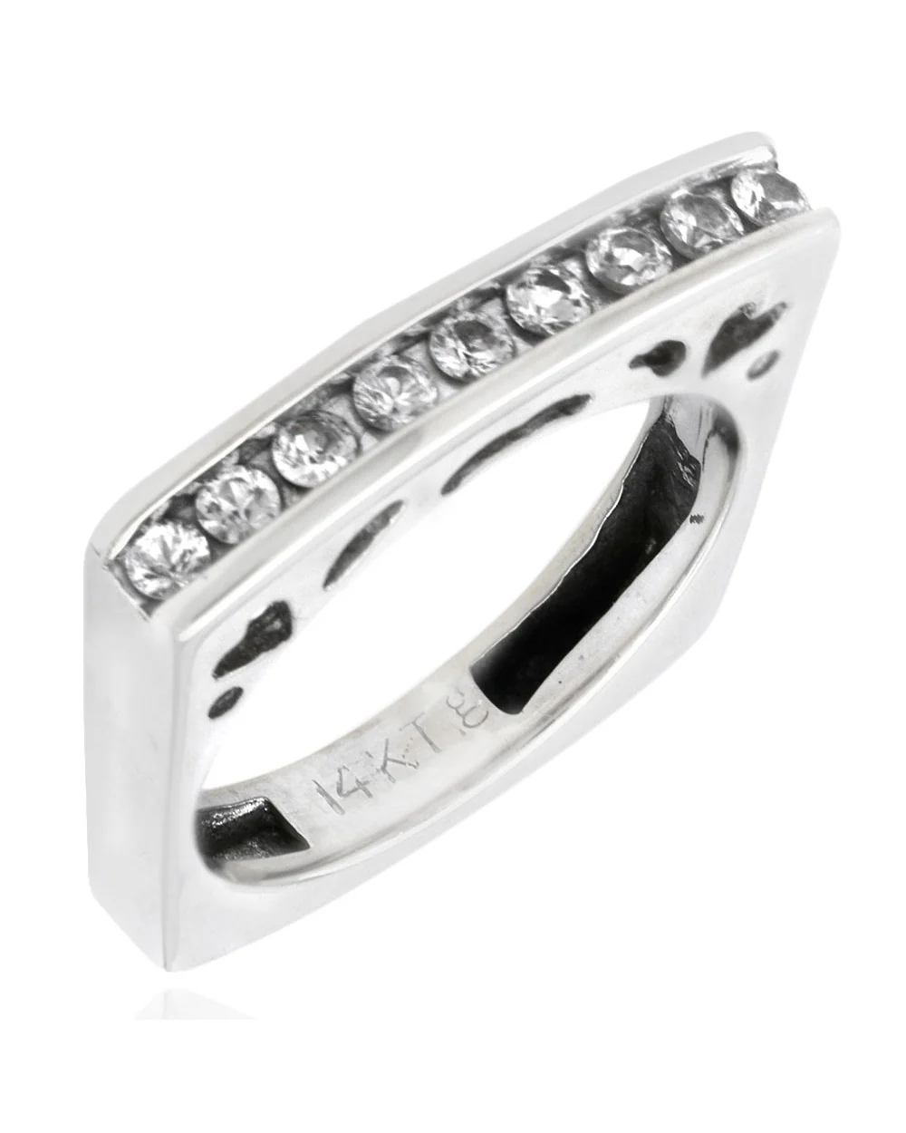 Single Row White Sapphire Cutout Square Shank Stackable Ring in White Gold