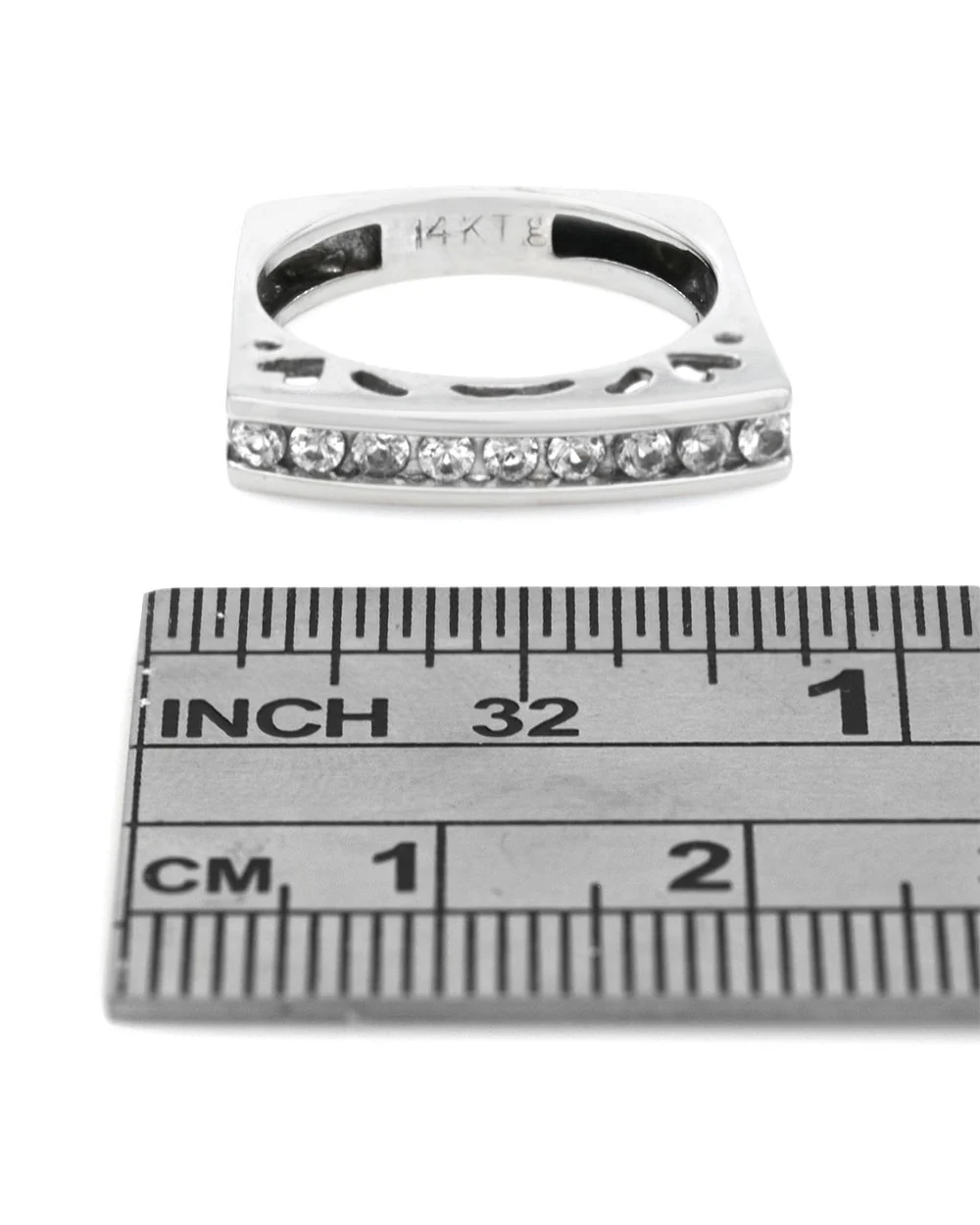 Single Row White Sapphire Cutout Square Shank Stackable Ring in White Gold - Image 3