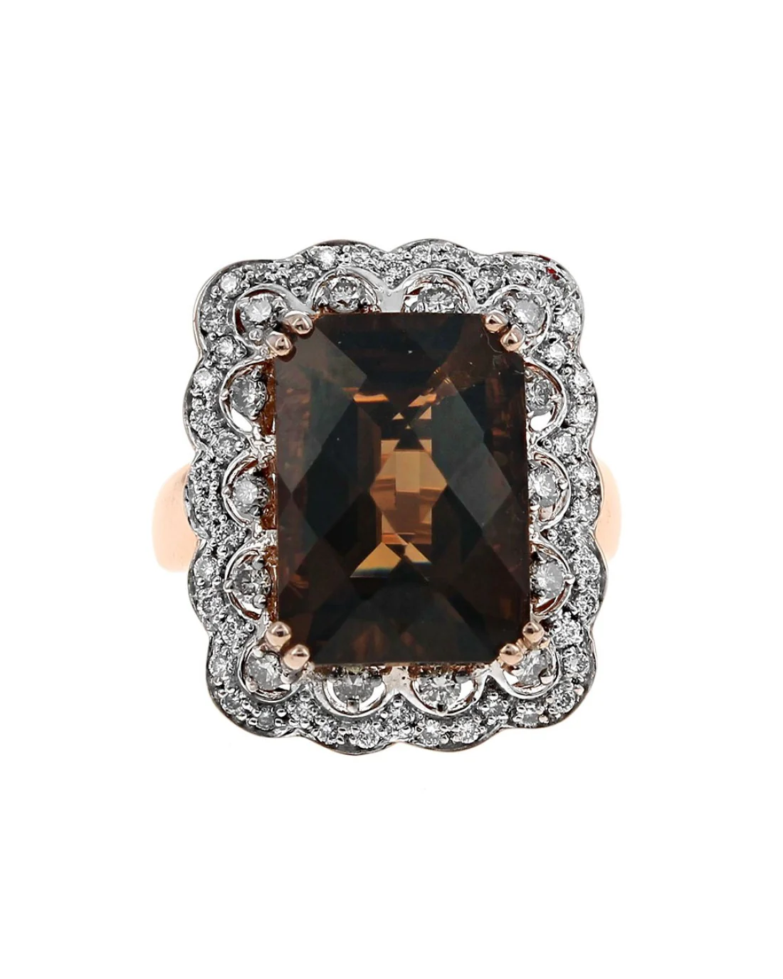 Smokey Quartz and Diamond Halo Scalloped Edge Ring - Image 2