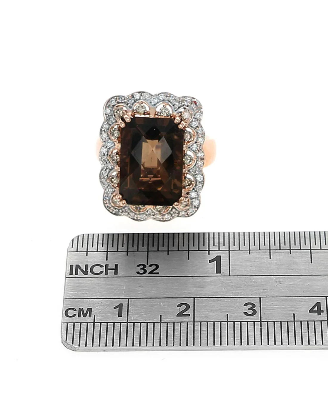 Smokey Quartz and Diamond Halo Scalloped Edge Ring - Image 3