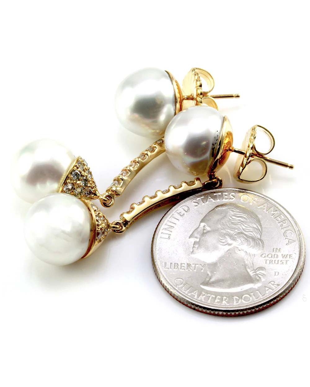 South Sea Pearl & Pave Diamond Drop Dangle Earrings in 18K Yellow Gold - Image 6