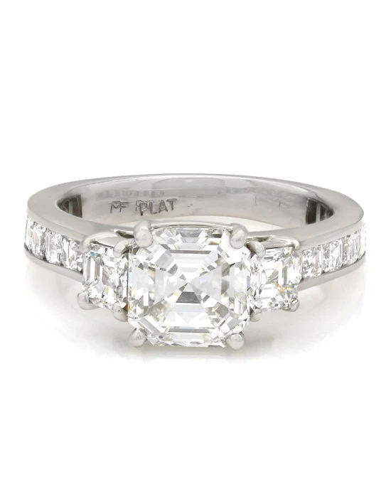 Square Emerald Diamond Three Stone Engagement Ring in Platinum - Image 2
