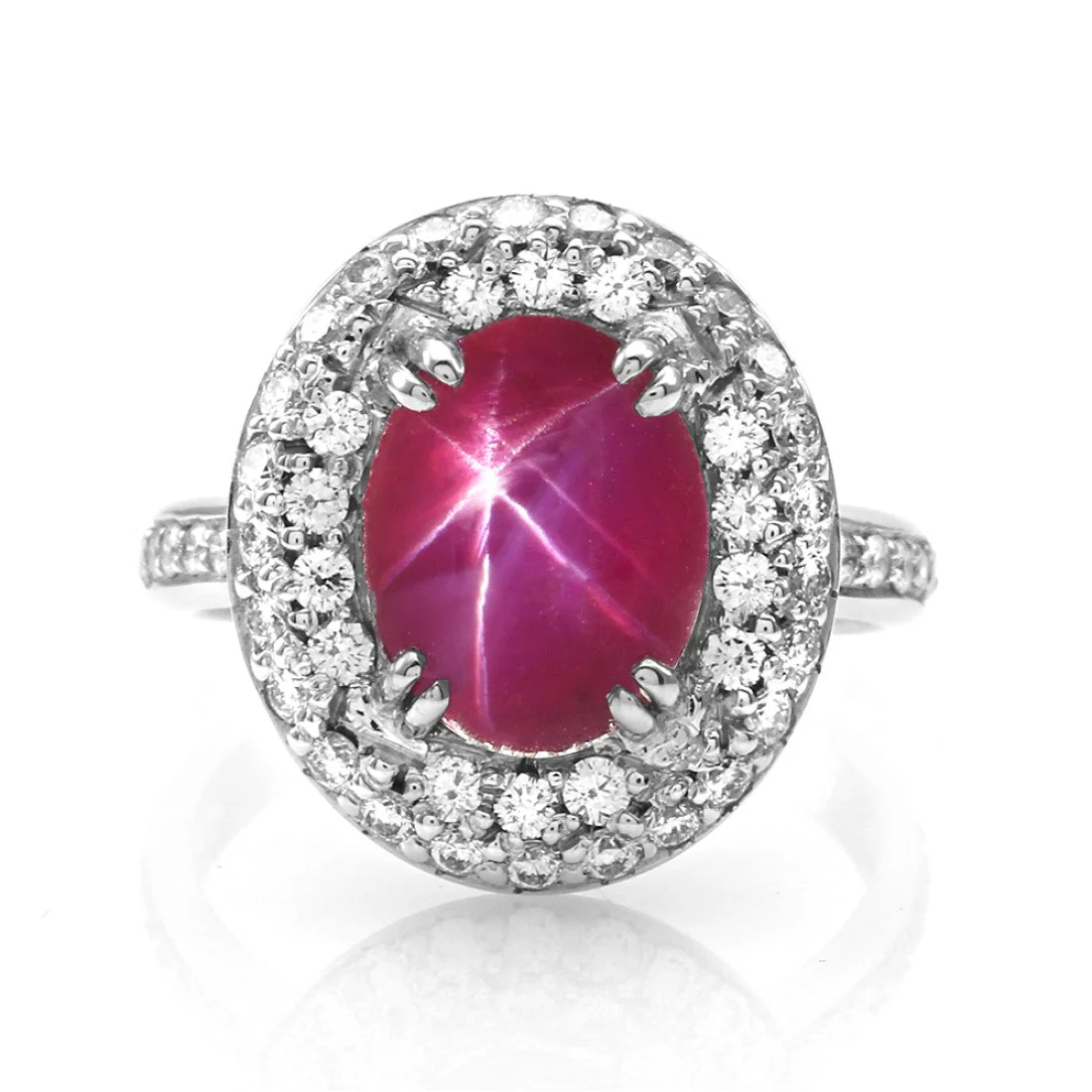 18K White Gold Star Ruby & Pave Diamond Halo Ring